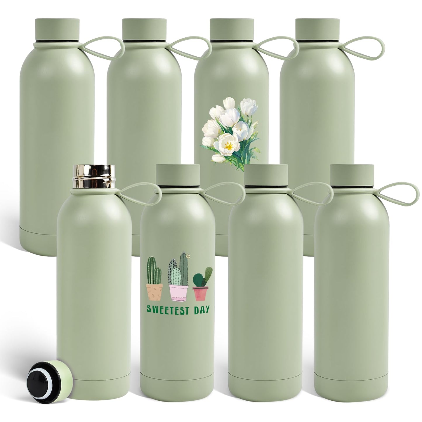 PlanetFlame Sublimation Blanks, 8 Pack 17 oz Tumblers Double-wall Insulated Stainless Steel Water Bottle Sublimation with Silicone Ring Coffee Cups, Matte LightGreen