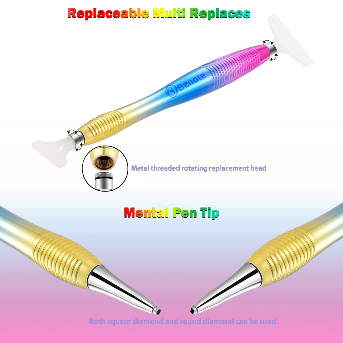 Benote Ergonomic Diamond Art Painting Pen, Metal Diamond Drill Pen Tools 5D Diamond Accessories Painting with Multi Replacement Pen Heads and Wax for DP Cross Stitch - Rainbow
