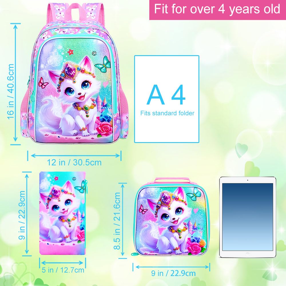 ZLYERT 16" Fox Backpack for Girls, 3Pcs Kids Bookbag for Elementary Preschool Kindergarten, School Backpacks with Lunch Box(Pink)