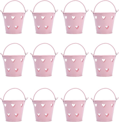 Tinplate Metal Bucket with Handle, 12pcs Mini Hollow Love Candy and Snack Storage Tin Bucket for Gardening Crafts, Home