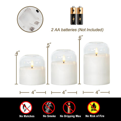 Homemory Glass Flameless Candles, Battery Operated Plliar Candles Realistic Flickering, LED Electric Light with Remote and Timer for Home, Christmas Decoration, White, Set of 3