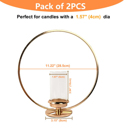 HiSnug Hurricane Candle Holders Set - Circular Metal Candlestick Holders with Glass Sleeve, 2PCS Simple Decorative Candleholder for Dining Table Centerpiece Shelf Home Decor, 2PCS, L+L, Gold