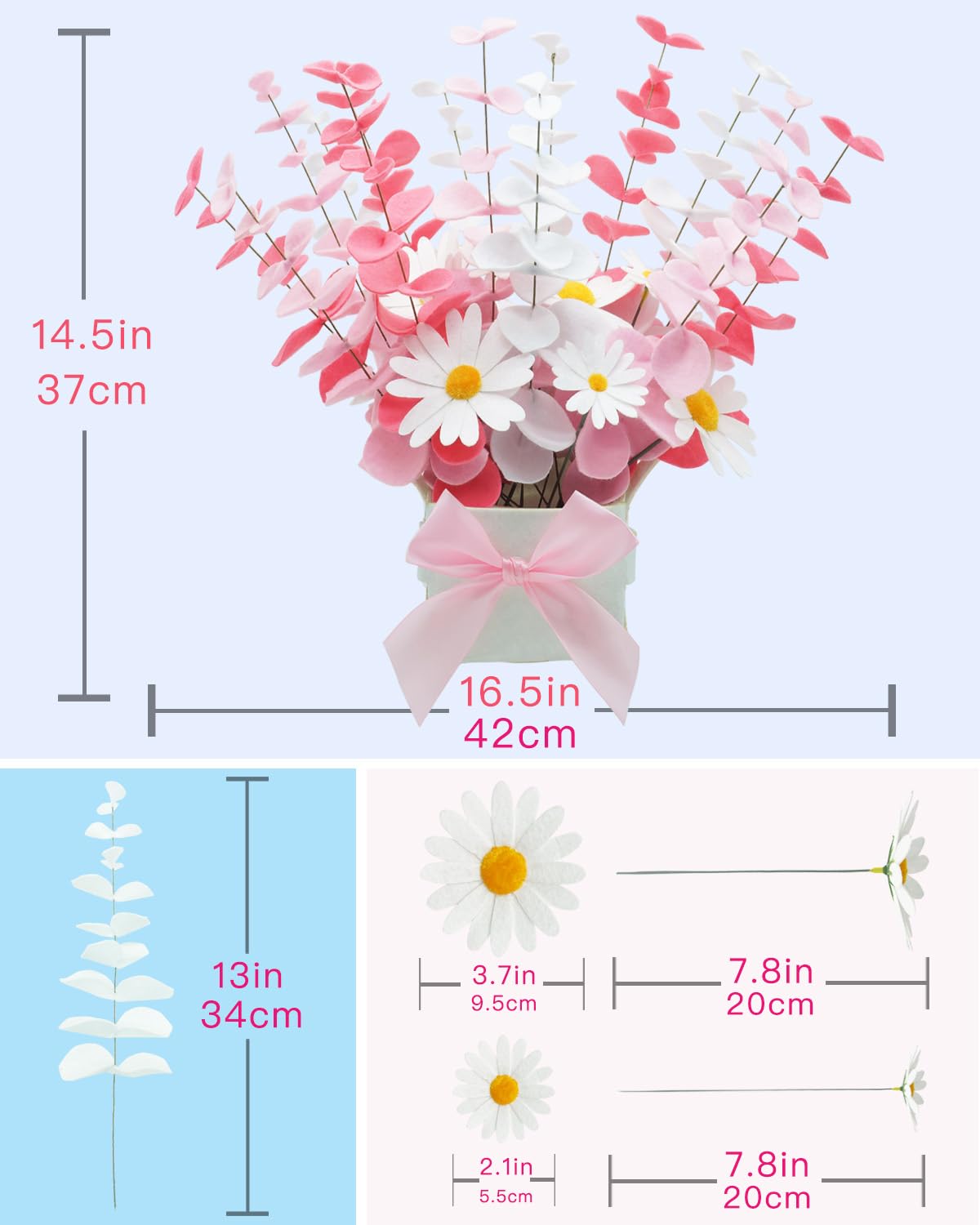 BAZIMA Felt Eucalyptus Daisy Bouquet,Felt Flowers,Multi-Color Felt Leaves,DIY Bouquet,Artificial Flower Bouquet with Flower Pot,Floral Gifts,15 Eucalyptus and 8 Daisies kit (Red Pink White)