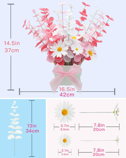 BAZIMA Felt Eucalyptus Daisy Bouquet,Felt Flowers,Multi-Color Felt Leaves,DIY Bouquet,Artificial Flower Bouquet with Flower Pot,Floral Gifts,15 Eucalyptus and 8 Daisies kit (Red Pink White)