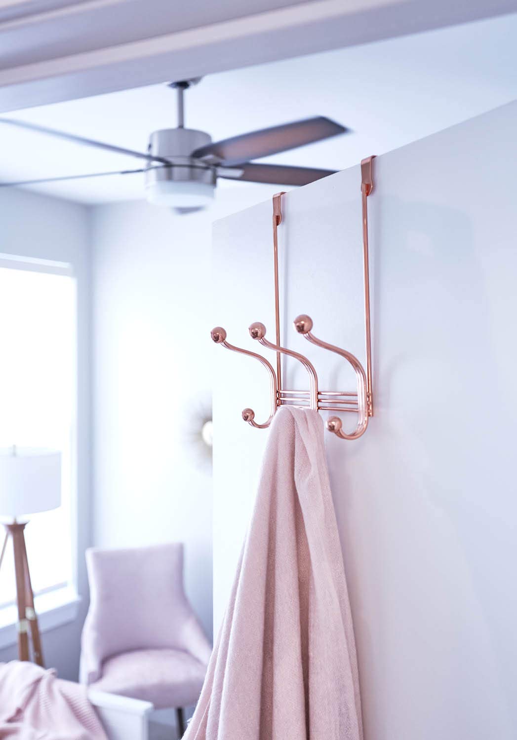 iDesign York Metal Over the Door Organizer, 3-Hook Rack for Bedroom, Closet, Bathroom, 4" x 8.3" x 11", Rose Gold