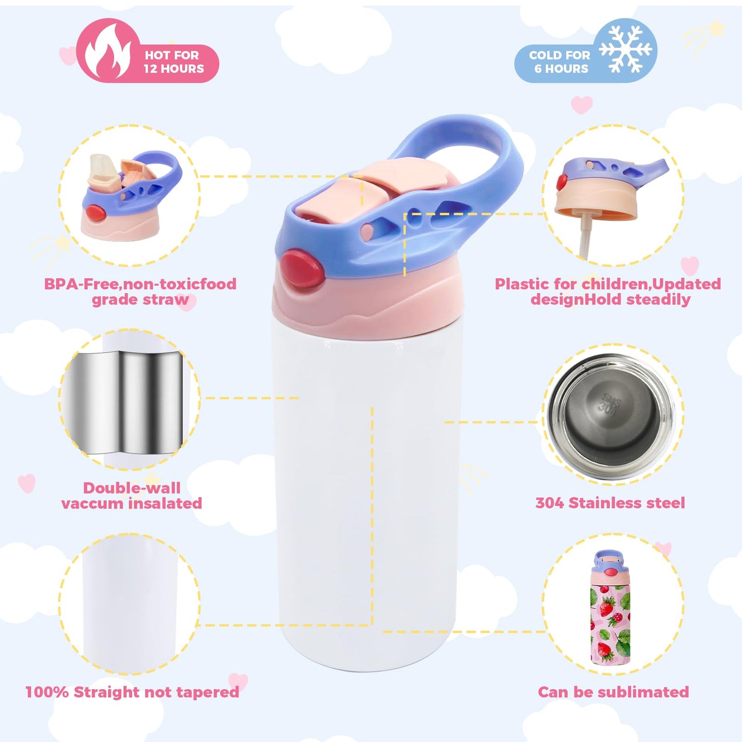 Lilsofee 6 Pack 12 OZ Sublimation Straw Sippy Cup Blank Tumblers Double Wall Vacuum Insulated Mixed Color Thermoses Stainless Steel Water Bottles for School
