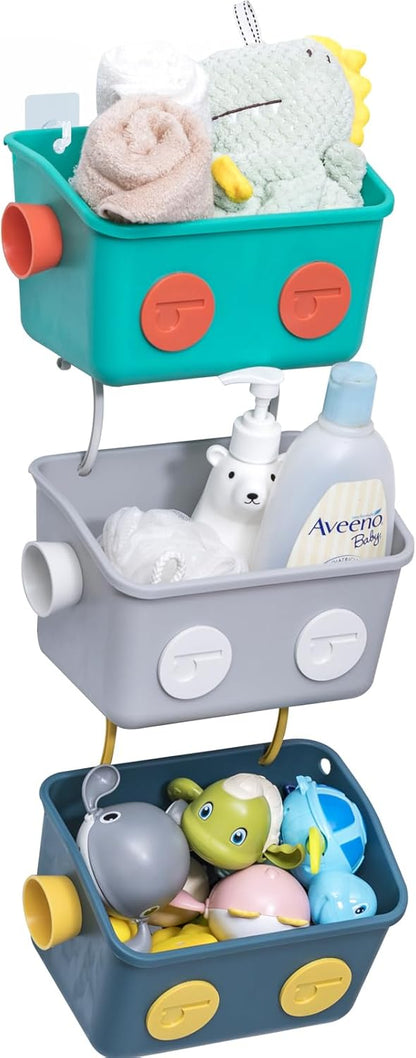 3 Bath Toy Storage Organizer Basket, Layers Colorful Robot Modeling Wall Mounted Kids Hanging Shower Caddy with Hooks