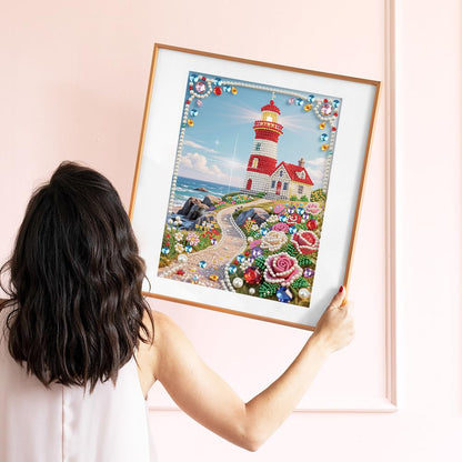 DIADAY 5D DIY Pearl Painting Kit for Adults, Lighthouse Pearl Art with Diamond Special Shape Rhinestones Accents, 3D Relief Beads Craft Home Wall Decor Gift, 12 x 16 Inches