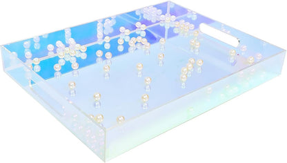 12X9 Inch Countertop, ROYALITA Iridescent Acrylic Tray with Handles, Serving Tray Spill Proof, Perfume Decorative Tray