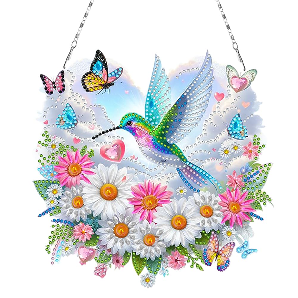 C'eitura Daisy Flowers Hummingbird Cloud Acrylic Special Shape Diamond Art Painting Hanging Pendant Kit - DIY Window Suncatcher for Home Wall Decor, Sparkling Garden Craft