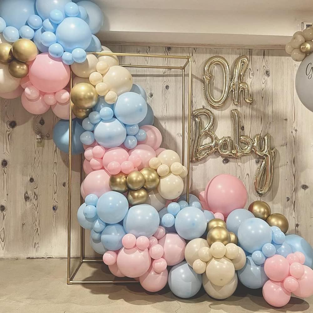 Gender Reveal Balloon Arch Kit, Blush Pink and Blue Balloons Metallic Gold Sand White Balloons for Boy and Girl Gender Reveal Boho Bachelorette Birthday Baby Shower Neutral Bear Theme Decorations