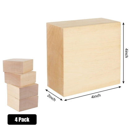 SHUESS 4 PCS Basswood Carving Blocks 4 X 4 X 2 inch Basswood for Wood Carving Whittling Wood Carvings Blocks Wooden Blocks for Carving Unfinished Wooden Block for Adults Beginners or Expert
