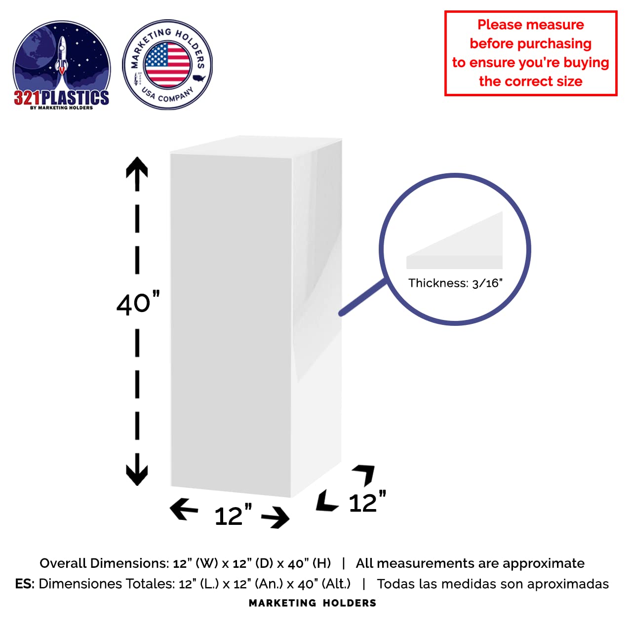 Tall Display Cube 12" W x 12" D x 40" H No Lid White Acrylic Pedestal Art Sculpture Flowers Pillar Column Prop Post Stand Display Box by Marketing Holders