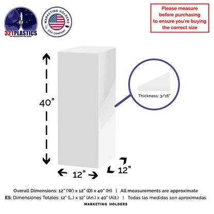 Tall Display Cube 12" W x 12" D x 40" H No Lid White Acrylic Pedestal Art Sculpture Flowers Pillar Column Prop Post Stand Display Box by Marketing Holders