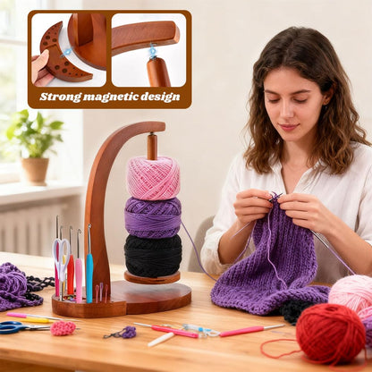 Magnetic Rotating Crochet Yarn Holder with Storage Box - 2-in-1 Wooden Yarn Spinner & Organizer for Knitting Accessories, Yarn-Ball Windder for Crocheting Projects