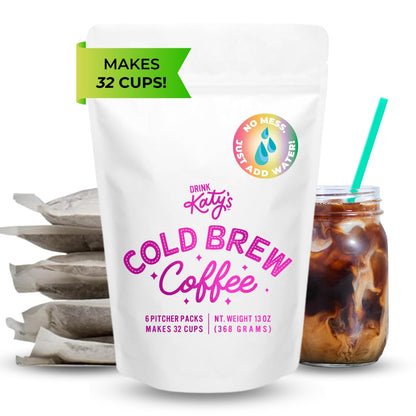 Drink Katy’s Cold Brew Coffee Packs, 6 Large Ready-to-Brew Pitcher Packets, Smooth & Delicious Dark Roast Coffee