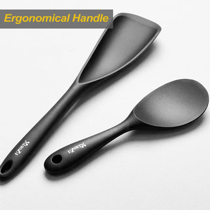 Cooking Spoon and Rice Scooper Set for Nonstick Cookwares, Heat Resistant- Seamless Design, Great for Cooking, Serving, Mixing, Scoop, and Scrape,2 Pack, Black