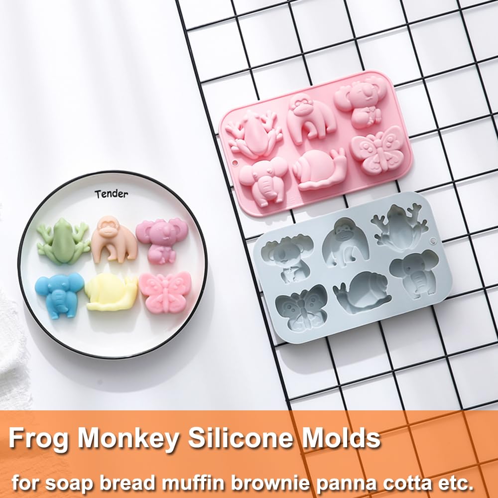 2 Pack Chocolate Molds Elephant Monkey Frog Silicone Molds for Cake Gummy Jello Ice Cube Crayon, Cake Decoration Soap Molds Silicone Baking Mold Making Kit, Lovely & Fun for Kids