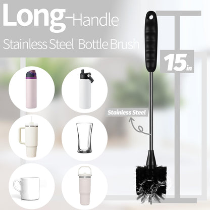 Bottle Brush Set 4 Pack - 15 Inch Long Handle Bottle Brush Cleaner with Stainless Steel Shaft, Straw Cleaner Brush and Lid Brush for Bottles, Thermos, Glasswares, Mugs, Cups, Tumblers