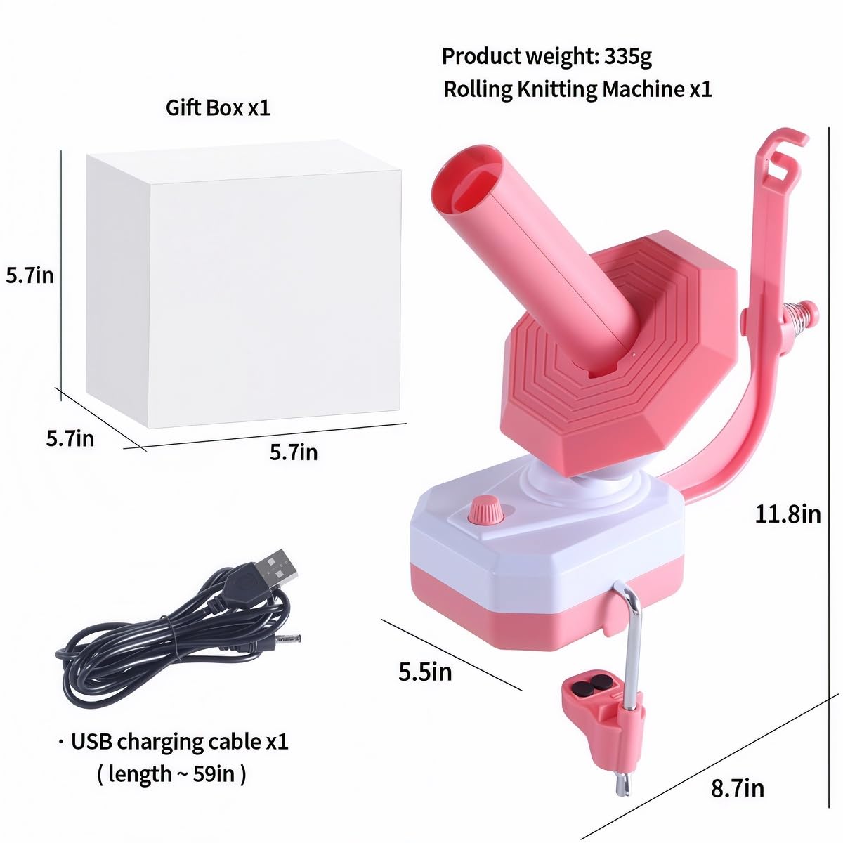 Electric Yarn Ball Winder, Pink and White, Automatic Tension Control with Stepless Speed, 7oz Capacity for Knitting and Crochet, USB Powered