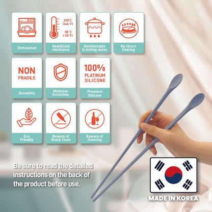 RECOHOME Reusable Long Silicone Cooking Chopsticks with Spoon 12 Inches 1 Pair, Dishwasher Safe, BPA-free Non-Slip,Korea Kitchen Utensils (Pastel Blue, 1 Pair )