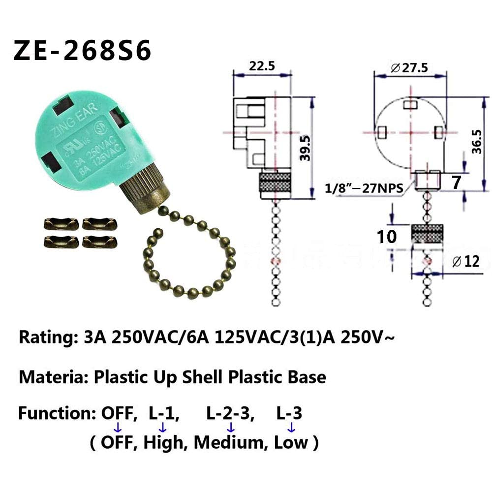 Akahttbn Ceiling Fan Switch ZE-268S6 3 Speed 4 Wire Bronze Zing Ear For Ceiling Light Fans Lamps and Wall Lights Pull Chain Switch Replacement On-Off with Pull Chain,1 Pack