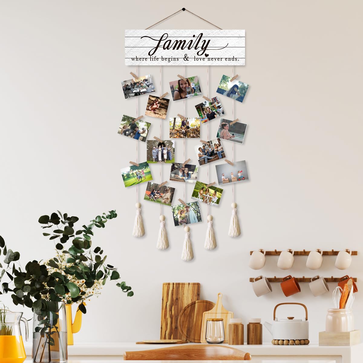 Gwisml Photo Wall Display,Collage Picture Frame,Clip Photo Holders for Wall,Wooden Hanging Photo Display with 16 Clips 5 Strings,Family Where Life Begins and Love Never Ends Sign Wall Decor