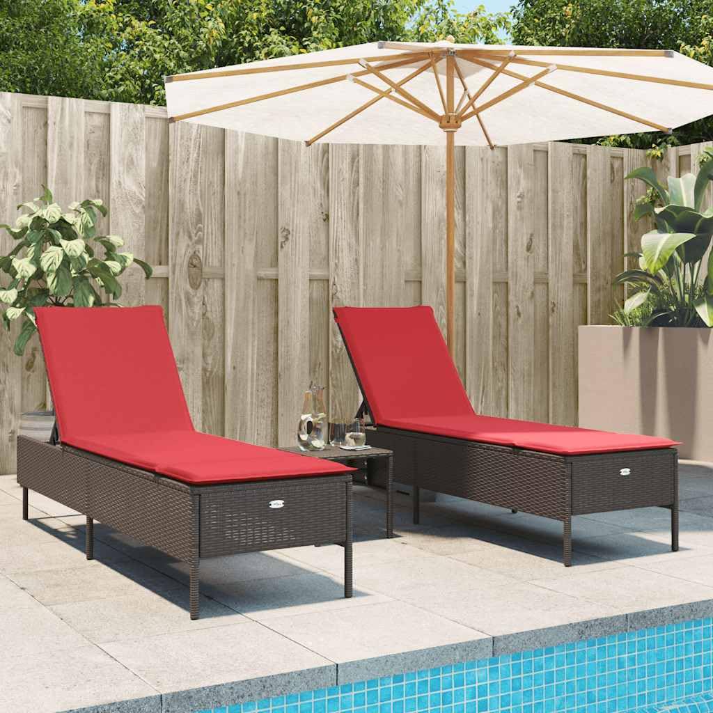 Yisssmeng 3-Piece Patio Sun Lounger Set with Red Cushions, Brown Poly Rattan Outdoor Chaise Lounge Chairs for Garden, Poolside and Terrace, Adjustable Backrest, 2 Pack, Steel Frame