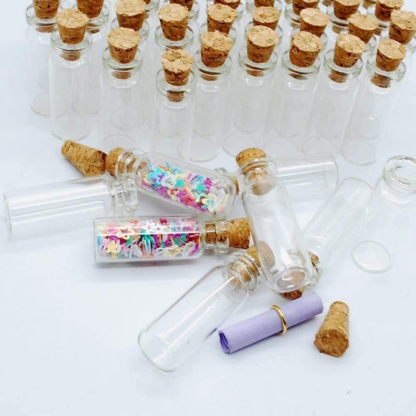 Minsily 100 Pcs 2ml Mini Glass Bottles with Cork Stoppers, 20 Meters Twines, Tiny Jars, Clear Mini Vials, Corked Bottles for DIY Arts, Crafts, Decoration, Party Favors, Gift
