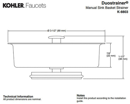 KOHLER K8803-CP Duostrainer Sink Strainer Basket, Removeable Stainless Steel Open/Close Stopper, Tight Seal, Polished Chrome