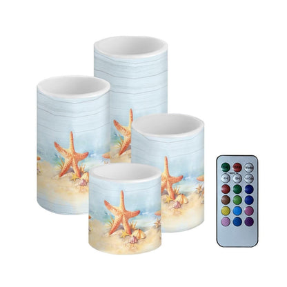 Merkmak Starfish Flameless Candles with Remote and Timers Flickering Battery Operated Candles 4 Pack Outdoor Flameless LED Pillar Lights for Beach Wedding Coastal Room Home Decoration