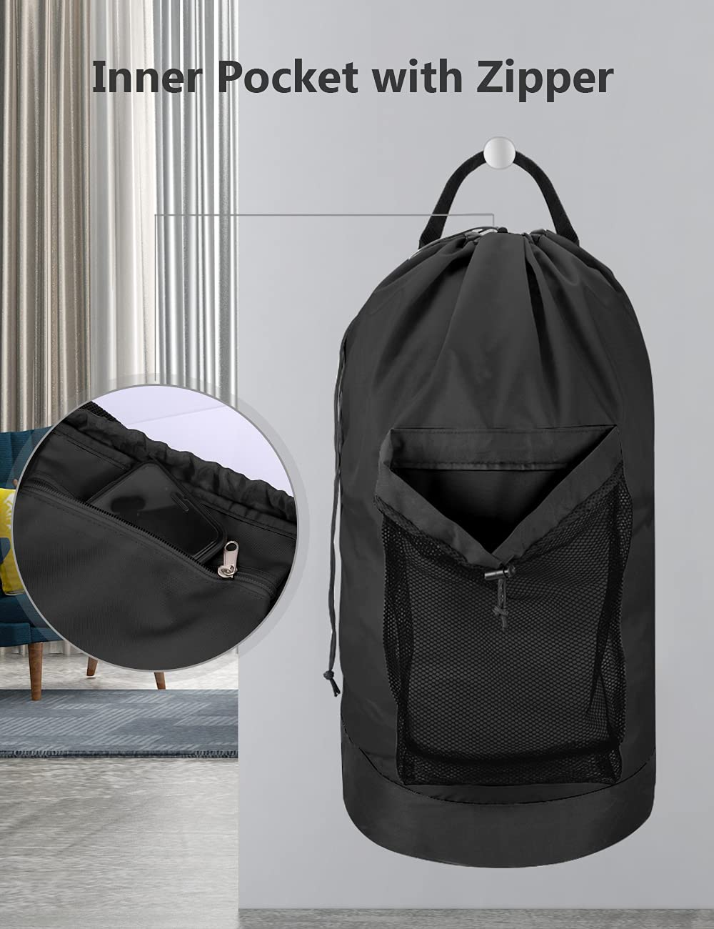 Dalykate Backpack Laundry Bag, Laundry Backpack with Shoulder Straps and Mesh Pocket Durable Nylon Clothes Hamper Bag with Drawstring Closure for College, Travel, Laundromat, Apartment