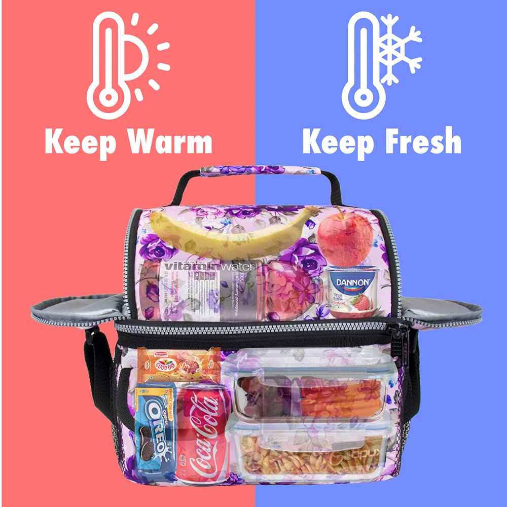 opux Lunch Bag Women Insulated, Adult Lunch Box Cooler, Flower Lunch Box, Dual Compartment Lunchbox for Work, Leakproof Double Decker Lunch Bag, Soft Lunch Pail Tote Girls Kids School, Floral Purple