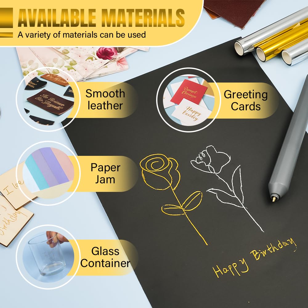 30PCS Hot Foil Embossing Stamping Pen Set Includes 1 USB Foil Quill Pen with 4 Size Metal Tips,5 Hot foil Rolls,20 Cards,1Adhesive tape for DIY Craft Embossing Scrapbooking Craft Stamping Project