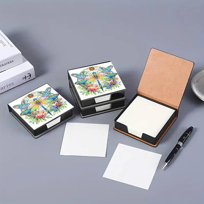 LAKEQUILL Diamond Art Painting Sticky Note Holder, Diamond Art Painting Wooden Memo Paper Storage Box, Notepad Holder with 160 Sticky Notes for Office Desk - Flower Dragonfly