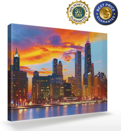 Canvas Wall Art - Chicago Skyline at Dusk, Modern Gallery Decor, Stretched and Framed 12" x 16"