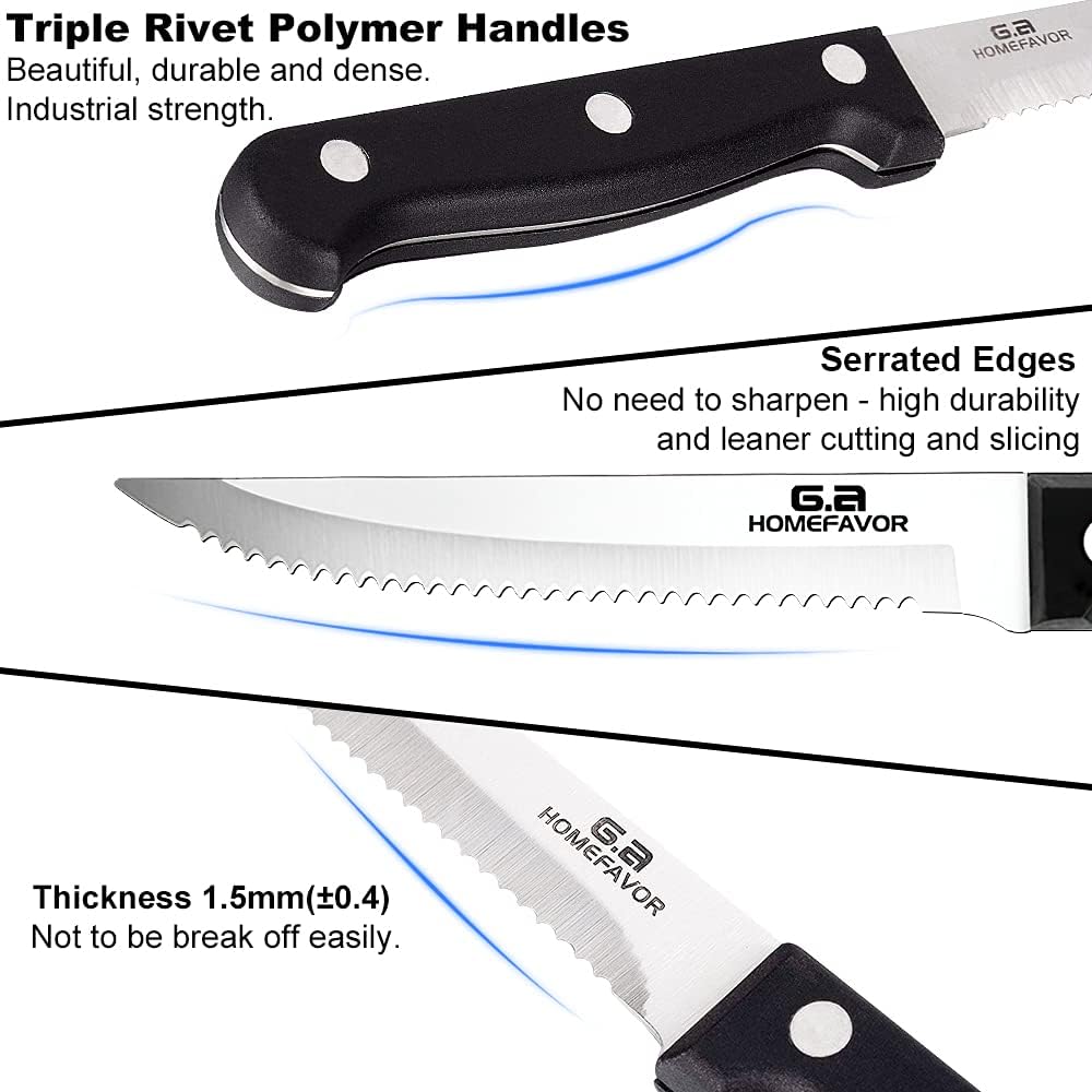 G.a HOMEFAVOR Steak Knife Set - 8 Pieces Full Tang Sharp Serrated Knives Cutlery Set, Stainless Steel, Black
