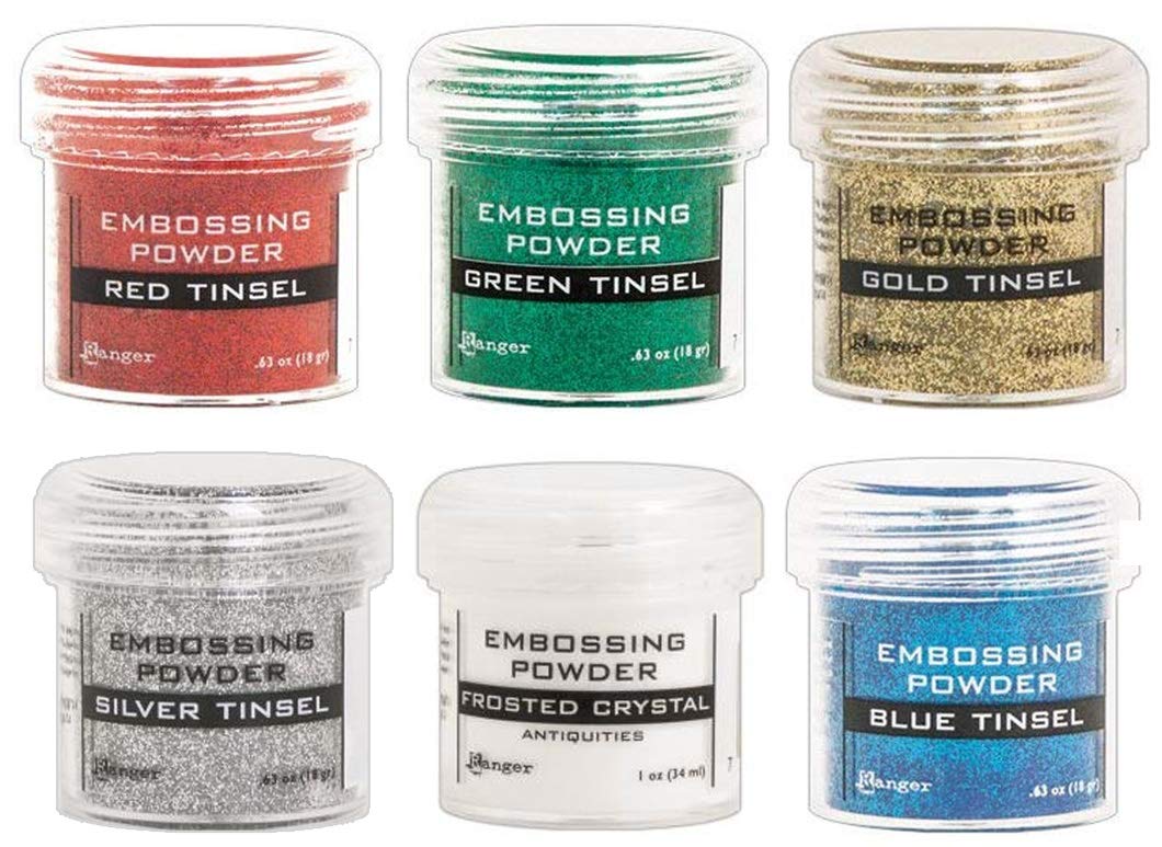 Ranger Metallic Embossing Powder Set, Embossing Powder Spoons, Red Tinsel, Green Tinsel, Gold Tinsel, Silver Tinsel, Frosted Crystal and Blue Tinsel