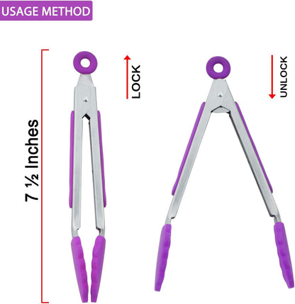 Small Kitchen Tongs - 7 Inch Mini Silicone Appetizers Tongs, Set of 3 (Purple)