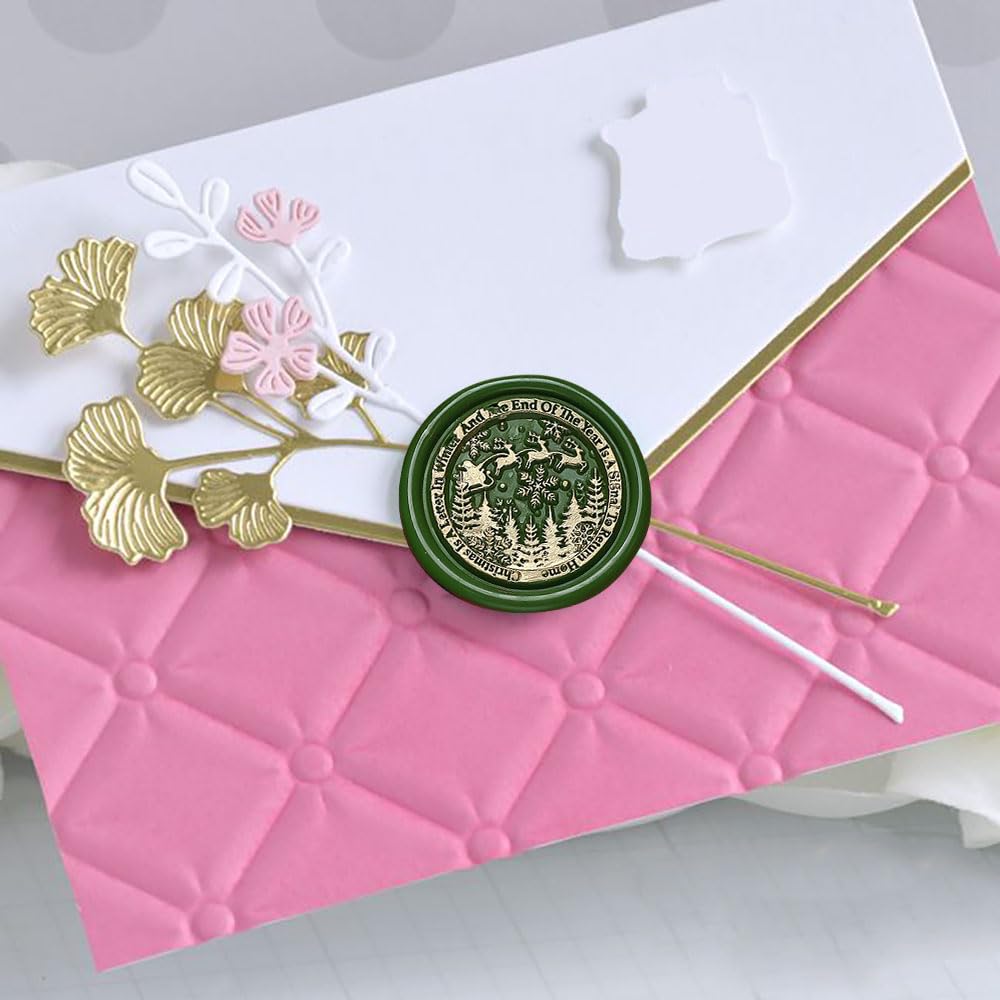 3D Vintage Christmas Wax Seal Stamp Kit - Snowflake Snowman Xmas Tree Elk Designs with 3 Copper Brass Heads and 1 Wooden Handle for Envelope & Gift Wraps
