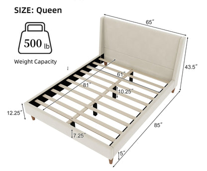 Merax Velvet Queen Size Bed Frame with Wingback Headboard, Solid Wood Upholstered Platform with Round Legs, No Box Spring Needed, Beige