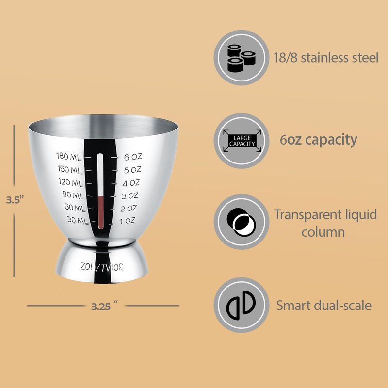 Cocktail Measuring Jigger for Bartending with Graduated Markings 1 oz to 6oz Heavy Duty 18/8 Multi-Unit Measure Stainless Steel Shot Measure Cup