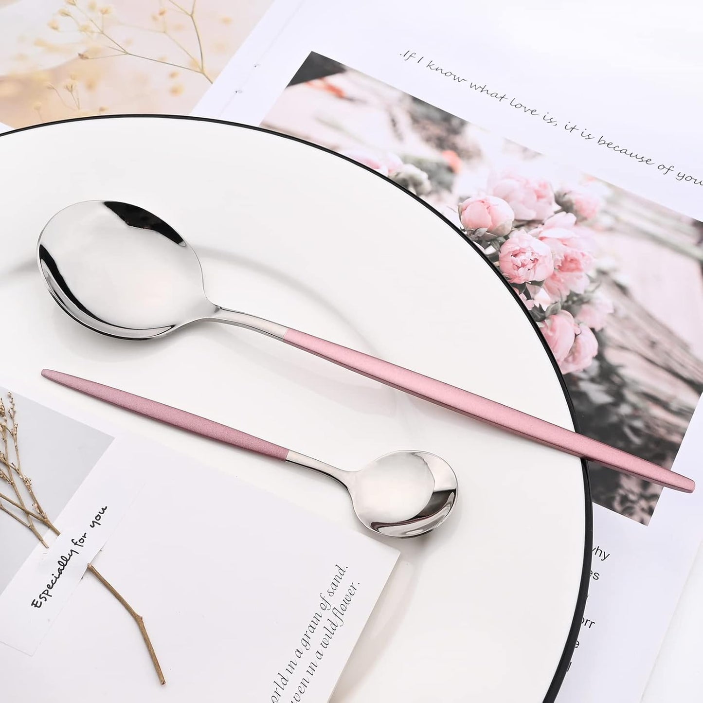 Mirror Cutlery Serving Set, 24-Piece Stainless Steel Silverware with Pink Handle, Modern Tableware for Home Party