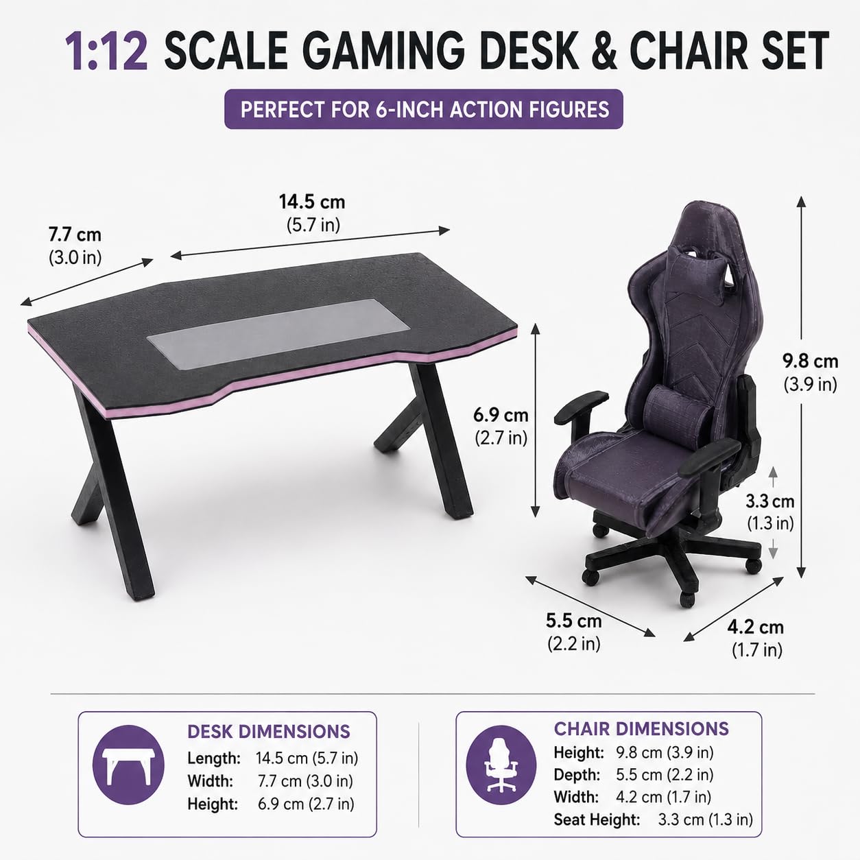 LUOZZY 2 Pcs 1:12 Scale Miniature Dollhouse Gaming Desk and Chair Furniture Model for Scene Decorations