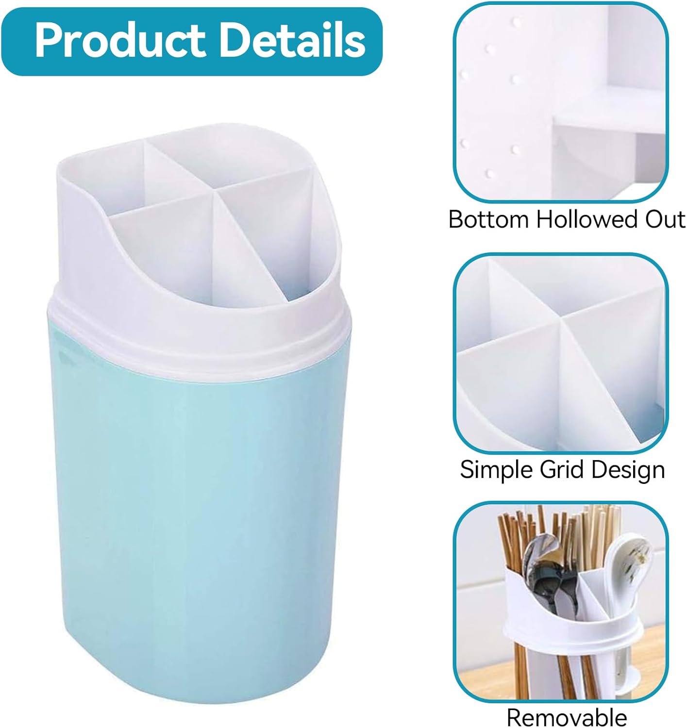 Blue Kitchen Utensil Holder with Cover, 4 Compartment Wall-Mounted Plastic Silverware Holder, Utensil Drying Rack for