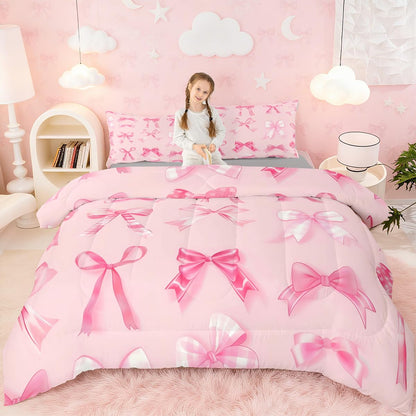 jejeloiu Pink Bow Bedding Set Twin Girls Bow Comforter Set for Kids Teens Girls Cute Bowknot Comforter Breathable Soft Lightweight Microfiber Kawaii Cute Pink Room Decor