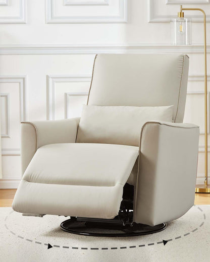 GarveeHome Recliner Chair, 360° Swivel Rocker Glider Nursery Chair with Padded Armrest and Deep Seat, PU Leather Upholstered Reclining Sofa Chair for Living Room, Bedroom and Nursery (White)
