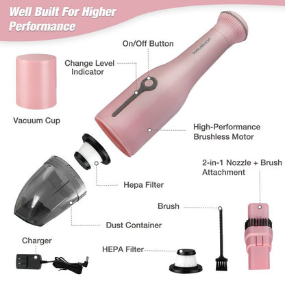 HAUSHOF Handheld Vacuum, Cordless Car Vacuum Cleaner 8000PA/12000PA 2 Modes with Cleaning Brush, Rechargeable Portable Mini Vacuum for Car, Home and Pet(Pink)