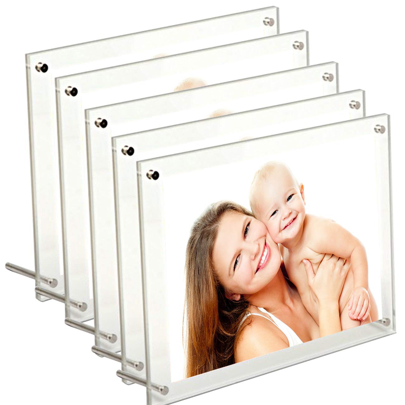 Acrylic Photo Frame Brackets for Hanging or Wall Mount - Floating and Desktop Picture Frame (5x7 inch, 5 Pack)