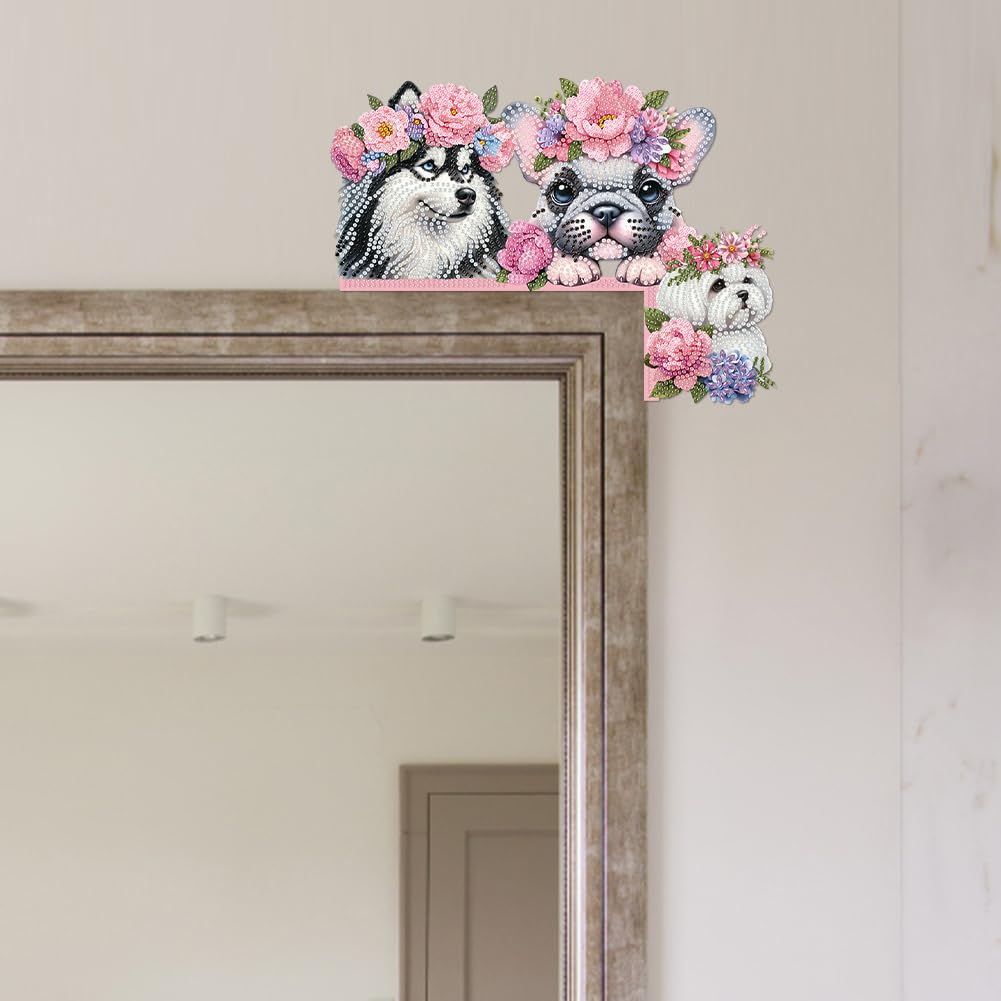 C'eitura Dog with Pink Flower Collar Diamond Painting on Wood, 5D DIY Custom Door Topper for Home Entryway Decor, Cute Animal Wall Art